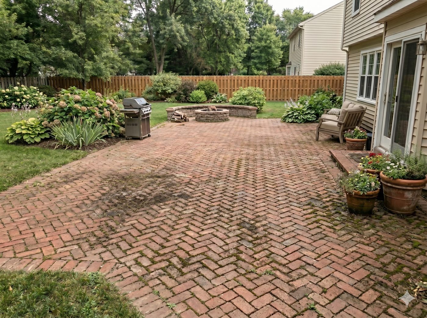 Brick paver patio before washing — dirty and stained