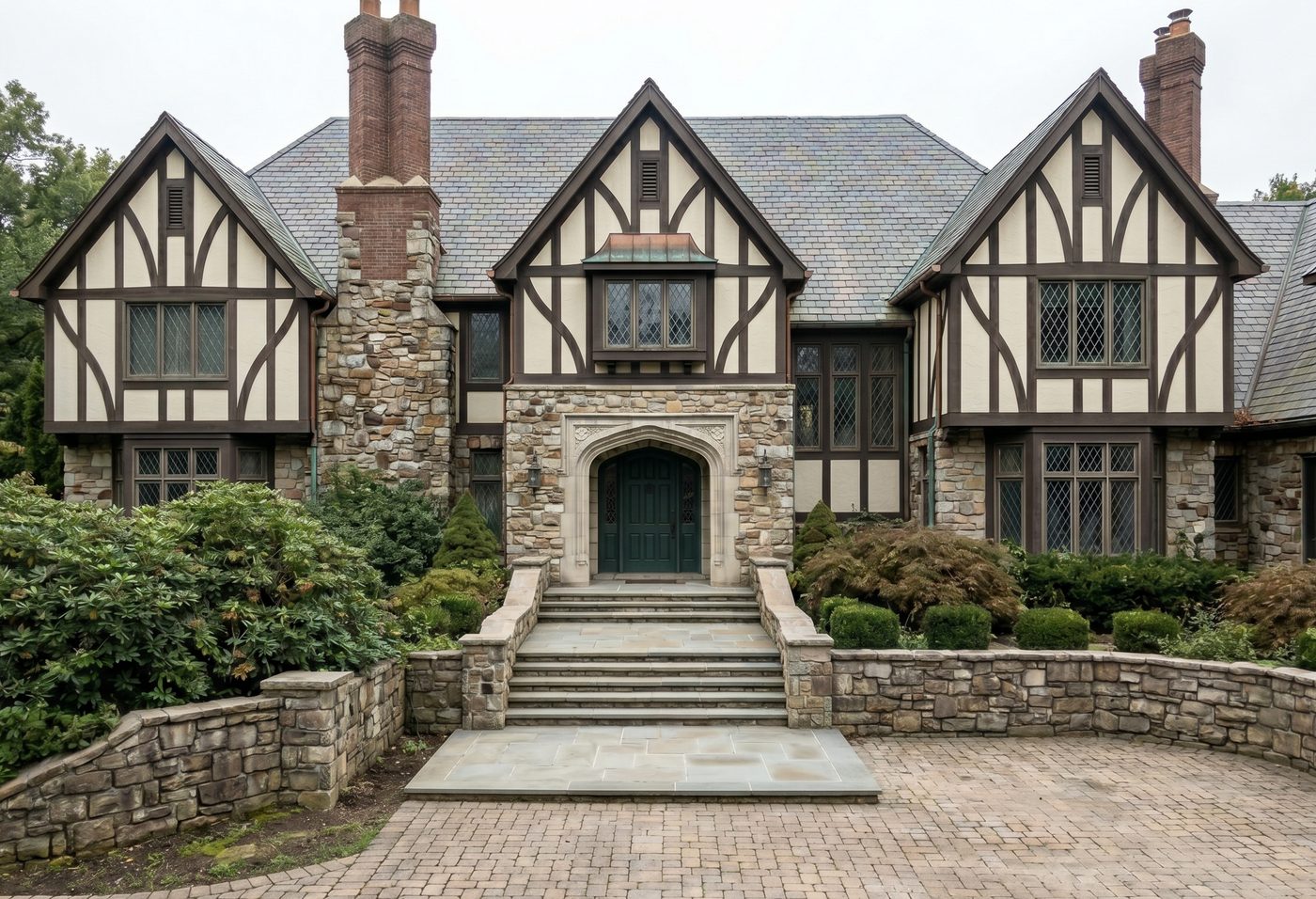 Tudor home after washing — clean, bright stucco and timber