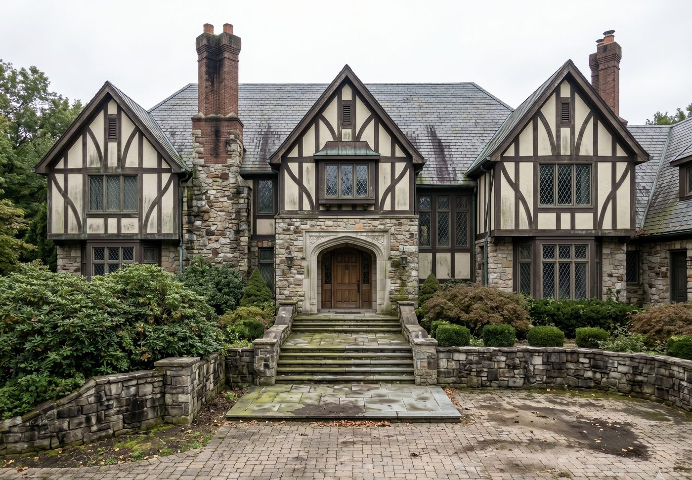 Tudor home before washing — stained stucco and streaked roof