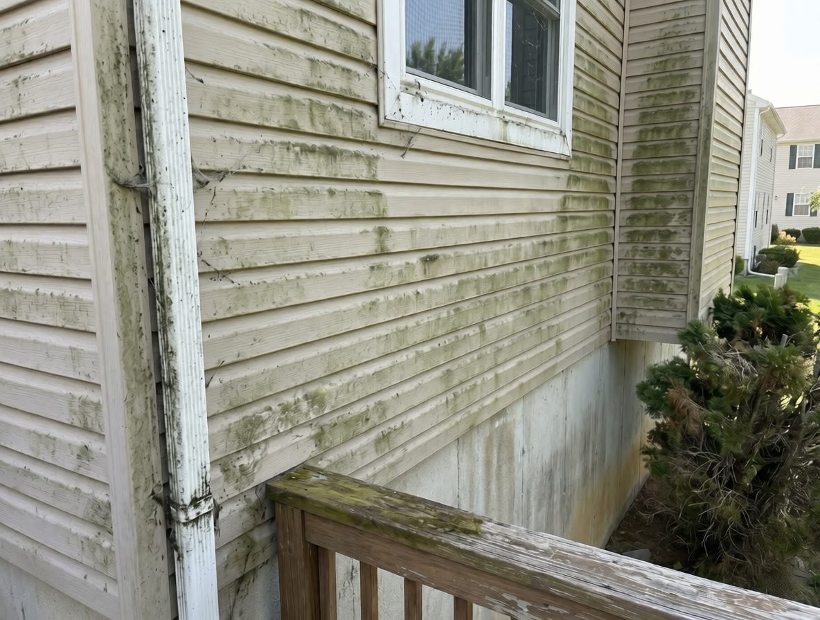 Vinyl siding before a soft wash — dirty with algae streaks