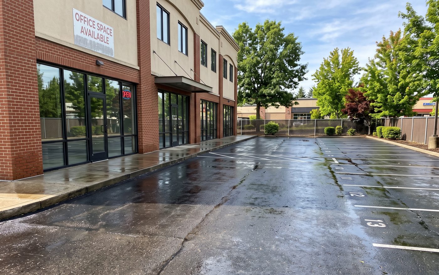 Freshly washed commercial storefront and parking lot