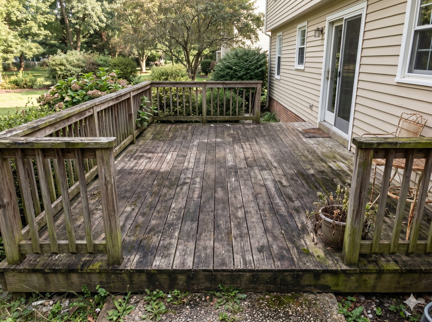 Wood deck before cleaning — weathered and grimy